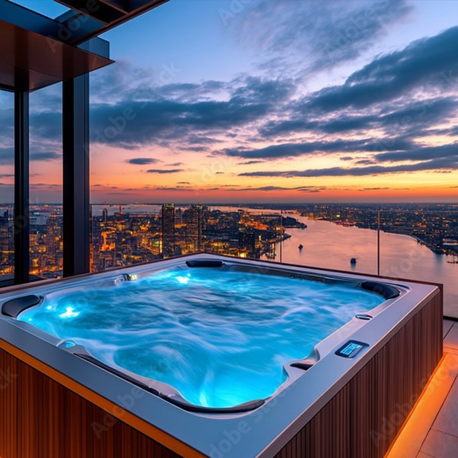 素晴らしい景色の中ではもちろん、屋上やテラス、または星空なども。
空間を劇的に変えるジェットバスの開放感。
水面を照らすLED照明がさらに雰囲気を増します。
