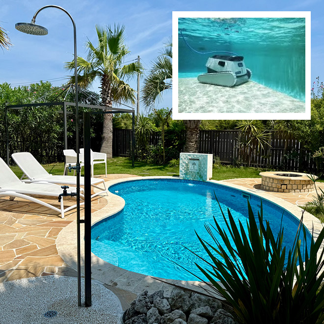 メンテナンスはとことん楽に。

365日きれいな水を保つ自動ろ過。
プール内はロボットがお掃除し、フィルターはコックをひねるだけ。